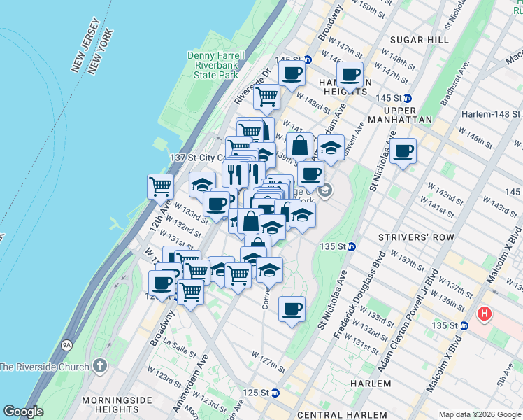 map of restaurants, bars, coffee shops, grocery stores, and more near 1518 Amsterdam Avenue in New York