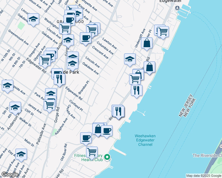 map of restaurants, bars, coffee shops, grocery stores, and more near 154A Undercliff Avenue in Edgewater