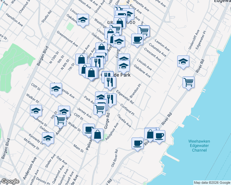 map of restaurants, bars, coffee shops, grocery stores, and more near 132 Edgewater Road in Cliffside Park