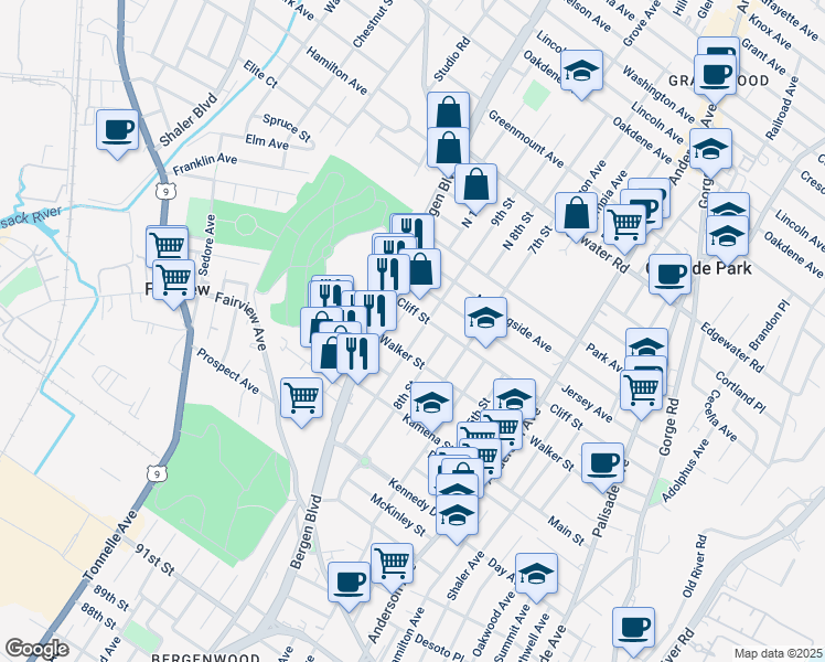 map of restaurants, bars, coffee shops, grocery stores, and more near 481 Walker Street in Fairview