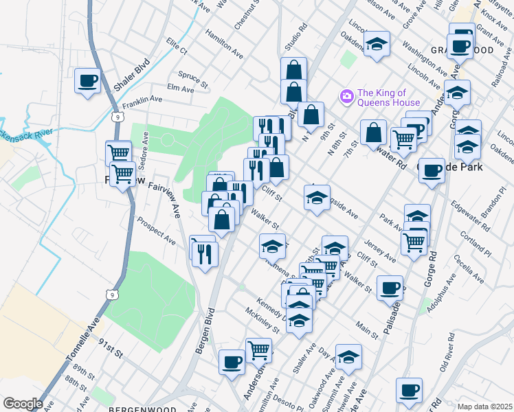 map of restaurants, bars, coffee shops, grocery stores, and more near 481 Walker Street in Fairview