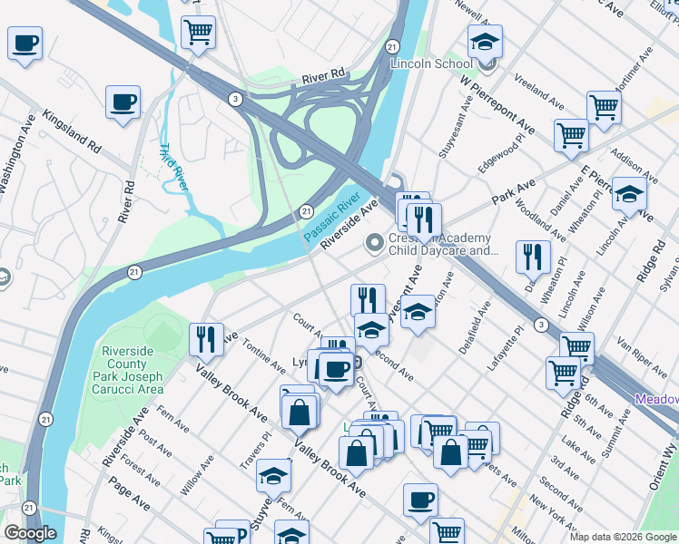 map of restaurants, bars, coffee shops, grocery stores, and more near 113 Park Avenue in Lyndhurst