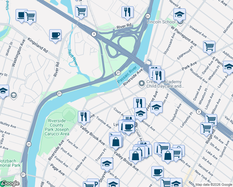 map of restaurants, bars, coffee shops, grocery stores, and more near 128A Riverside Avenue in Lyndhurst
