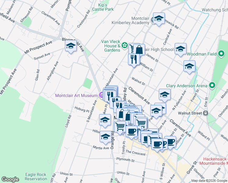 map of restaurants, bars, coffee shops, grocery stores, and more near 14 Francis Place in Montclair