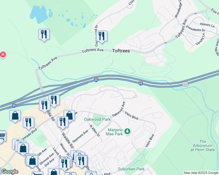 map of restaurants, bars, coffee shops, grocery stores, and more near 670 Oakwood Avenue in State College