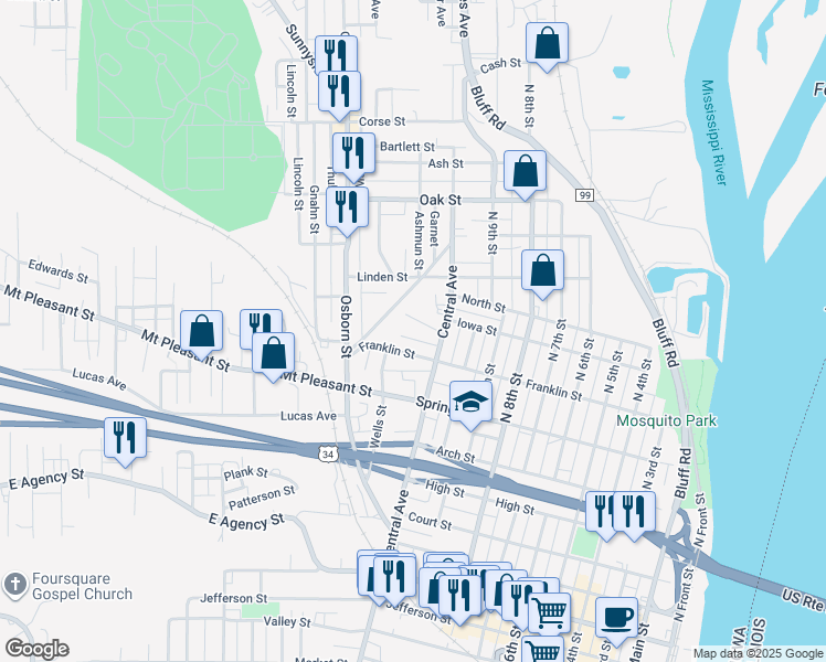 map of restaurants, bars, coffee shops, grocery stores, and more near 1219 Stowe Street in Burlington
