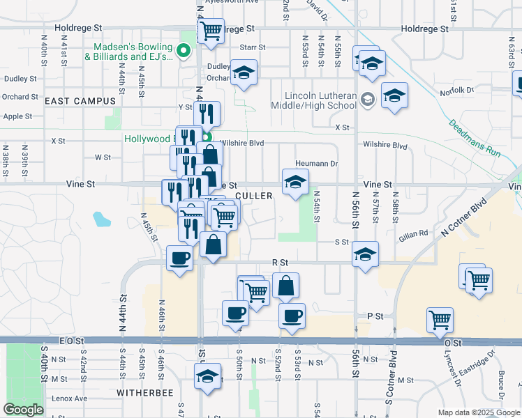 map of restaurants, bars, coffee shops, grocery stores, and more near 5135 Vine Street in Lincoln