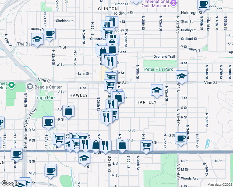 map of restaurants, bars, coffee shops, grocery stores, and more near 603 North 28th Street in Lincoln