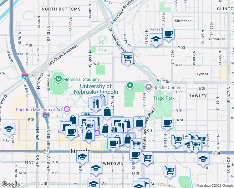 map of restaurants, bars, coffee shops, grocery stores, and more near 616 North 16th Street in Lincoln