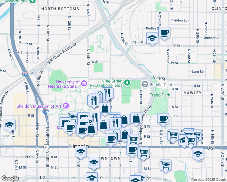 map of restaurants, bars, coffee shops, grocery stores, and more near 616 North 16th Street in Lincoln