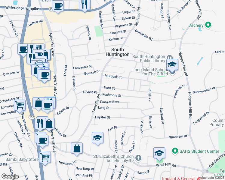 map of restaurants, bars, coffee shops, grocery stores, and more near 18 Teed Street in Huntington Station