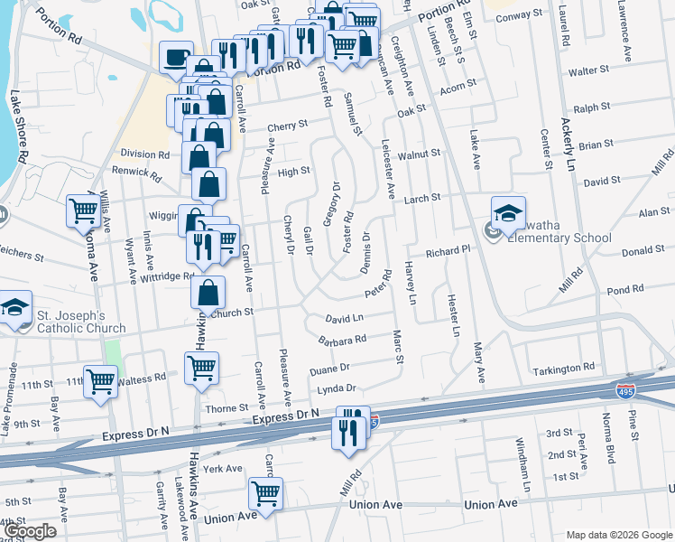 map of restaurants, bars, coffee shops, grocery stores, and more near 6 Dennis Drive in Lake Ronkonkoma