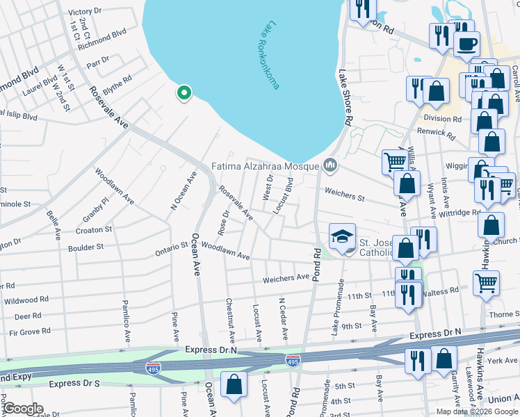map of restaurants, bars, coffee shops, grocery stores, and more near 10 West Drive in Ronkonkoma