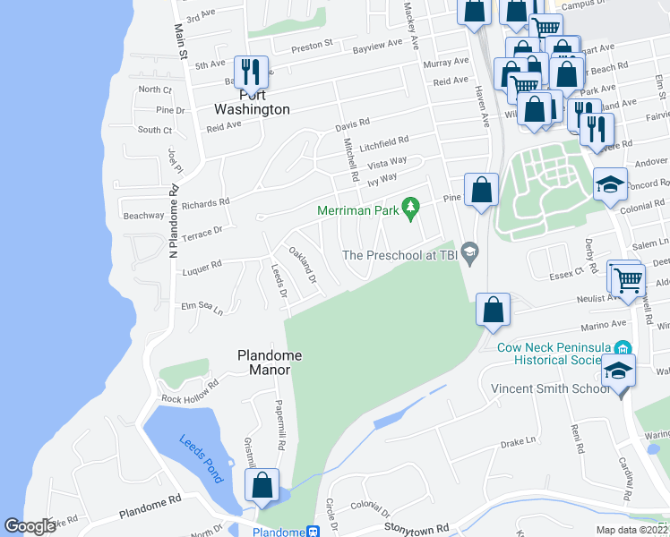 map of restaurants, bars, coffee shops, grocery stores, and more near 45 Amherst Road in Port Washington