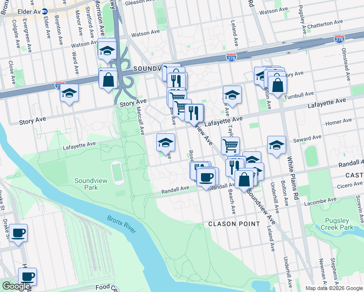 map of restaurants, bars, coffee shops, grocery stores, and more near 729 Noble Avenue in The Bronx