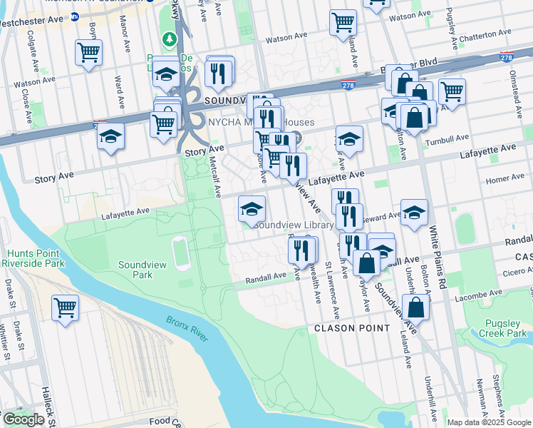 map of restaurants, bars, coffee shops, grocery stores, and more near 729 Noble Avenue in The Bronx