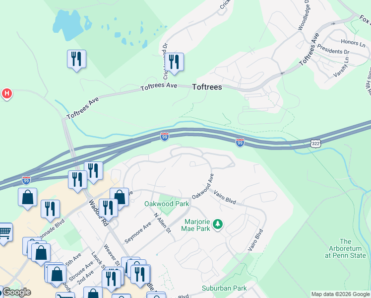 map of restaurants, bars, coffee shops, grocery stores, and more near 670 Oakwood Avenue in State College