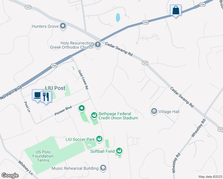 map of restaurants, bars, coffee shops, grocery stores, and more near 25 Old Wheatley Road in Glen Head