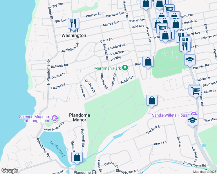 map of restaurants, bars, coffee shops, grocery stores, and more near 45 Amherst Road in Port Washington