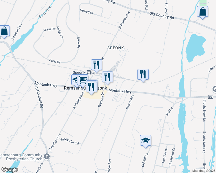 map of restaurants, bars, coffee shops, grocery stores, and more near 216 Montauk Highway in Westhampton Beach
