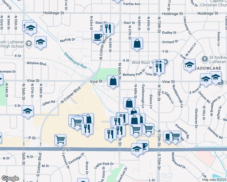 map of restaurants, bars, coffee shops, grocery stores, and more near 651 North 66th Street in Lincoln