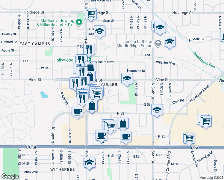 map of restaurants, bars, coffee shops, grocery stores, and more near 5101 Vine Street in Lincoln