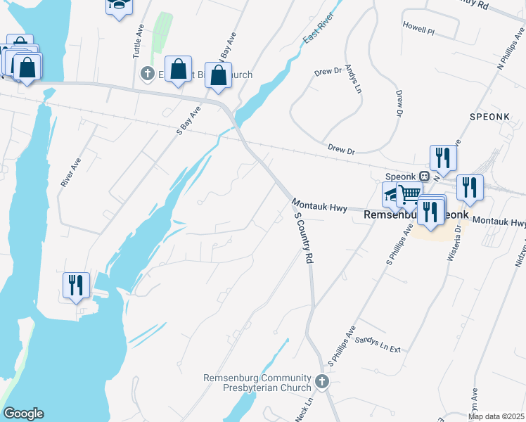 map of restaurants, bars, coffee shops, grocery stores, and more near 5 Dock Road in Remsenburg-Speonk