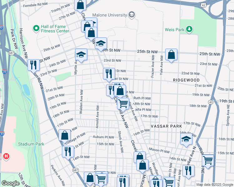 map of restaurants, bars, coffee shops, grocery stores, and more near 829 19th Street Northwest in Canton