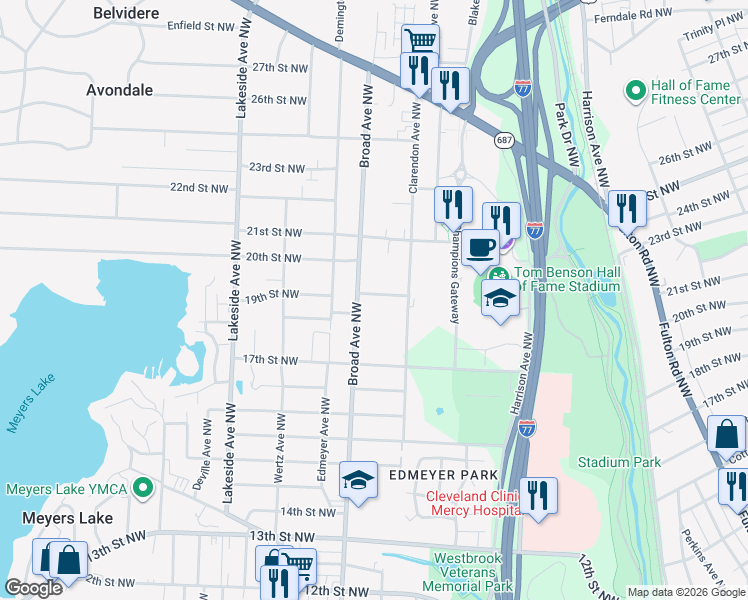 map of restaurants, bars, coffee shops, grocery stores, and more near 2714 19th Street Northwest in Canton