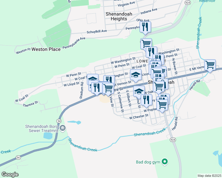 map of restaurants, bars, coffee shops, grocery stores, and more near 533 West Centre Street in Shenandoah