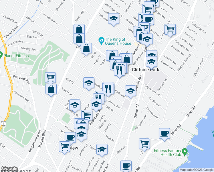 map of restaurants, bars, coffee shops, grocery stores, and more near 368 Park Avenue in Fairview