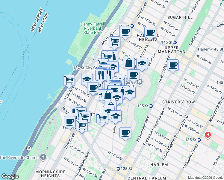 map of restaurants, bars, coffee shops, grocery stores, and more near 1518 Amsterdam Avenue in New York