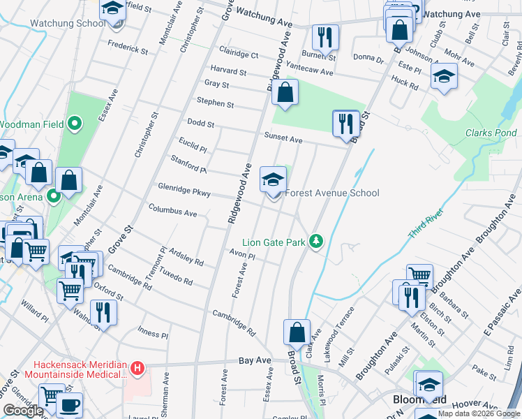 map of restaurants, bars, coffee shops, grocery stores, and more near 281 Forest Avenue in Glen Ridge
