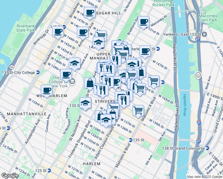 map of restaurants, bars, coffee shops, grocery stores, and more near 273 West 140th Street in New York