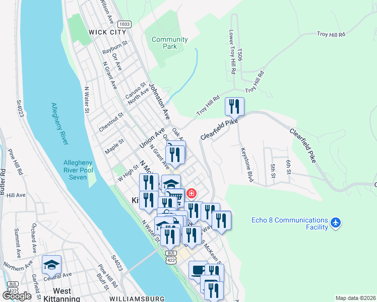 map of restaurants, bars, coffee shops, grocery stores, and more near 190 Oak Avenue in Kittanning