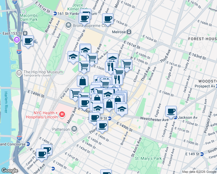 map of restaurants, bars, coffee shops, grocery stores, and more near 655 Courtlandt Avenue in The Bronx