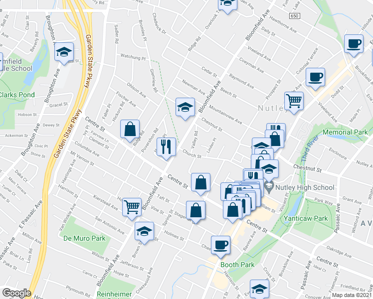 map of restaurants, bars, coffee shops, grocery stores, and more near 160 Church Street in Nutley