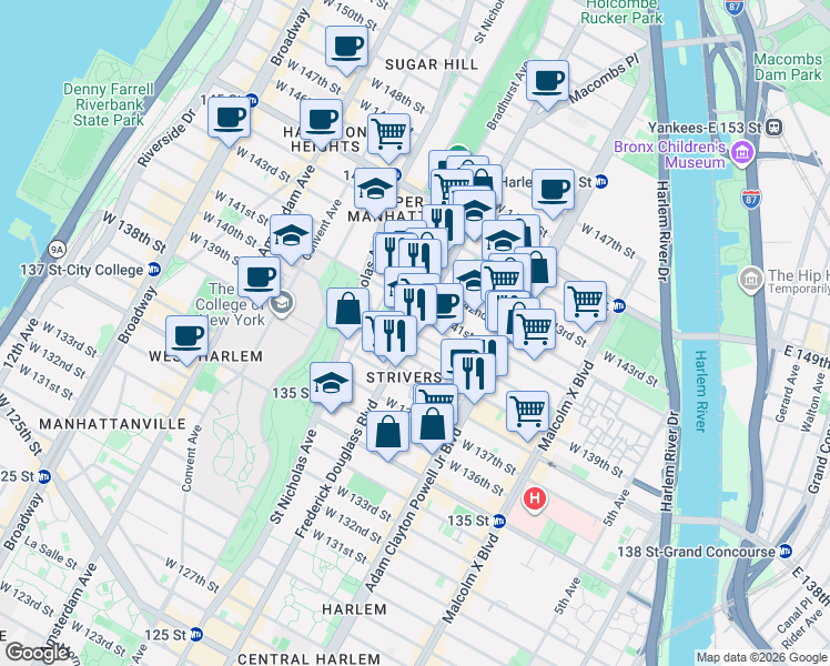 map of restaurants, bars, coffee shops, grocery stores, and more near West 140th Street in New York