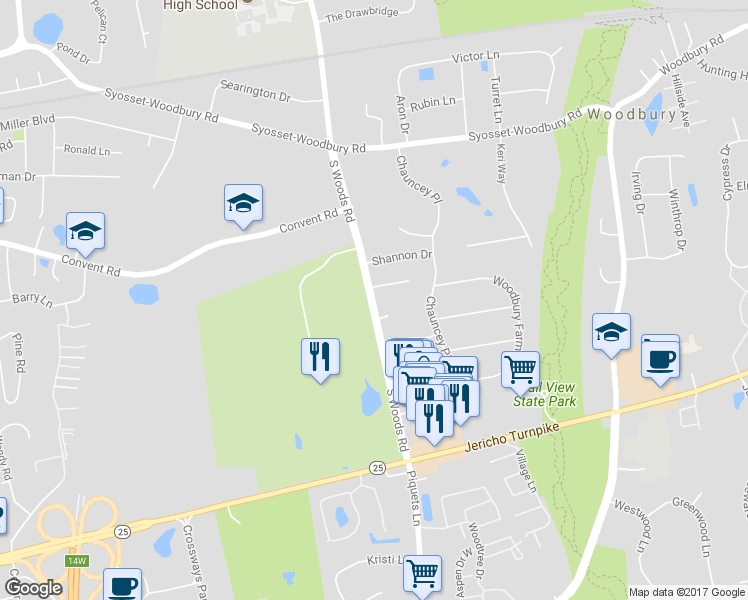 map of restaurants, bars, coffee shops, grocery stores, and more near 326 South Woods Road in Woodbury