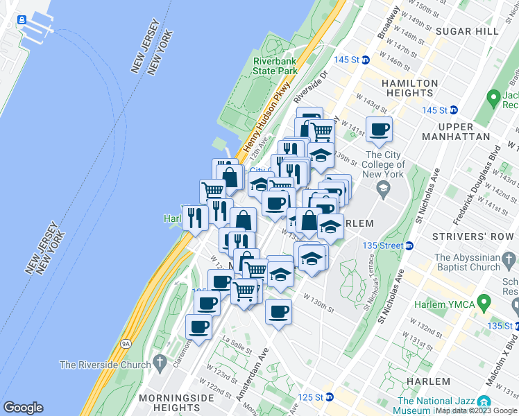 map of restaurants, bars, coffee shops, grocery stores, and more near 3333 Broadway in New York