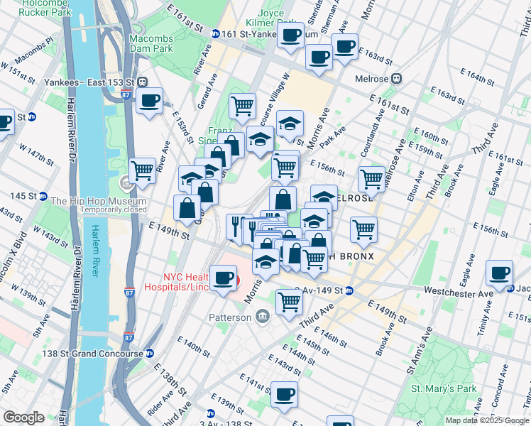 map of restaurants, bars, coffee shops, grocery stores, and more near 2950 Park Avenue in The Bronx