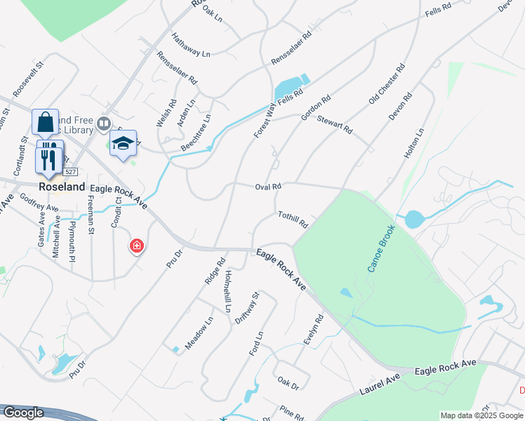 map of restaurants, bars, coffee shops, grocery stores, and more near 223 Old Chester Road in Essex Fells