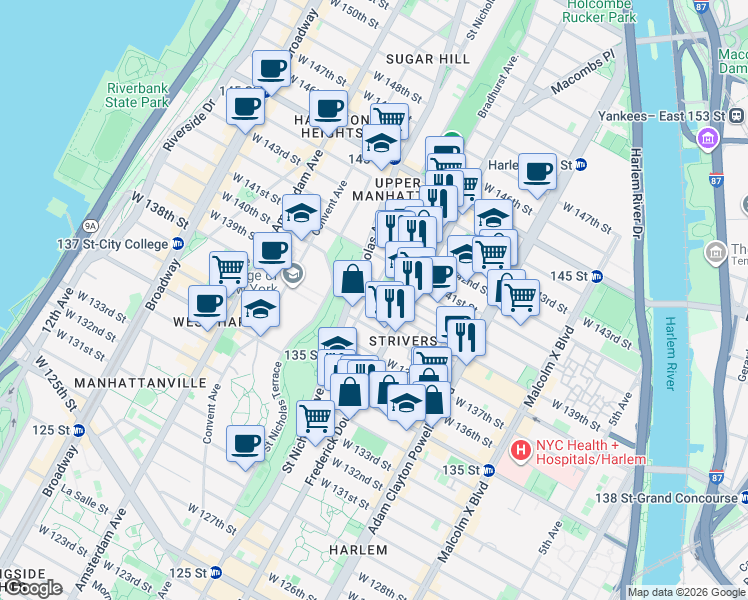 map of restaurants, bars, coffee shops, grocery stores, and more near 100 Edgecombe Avenue in New York