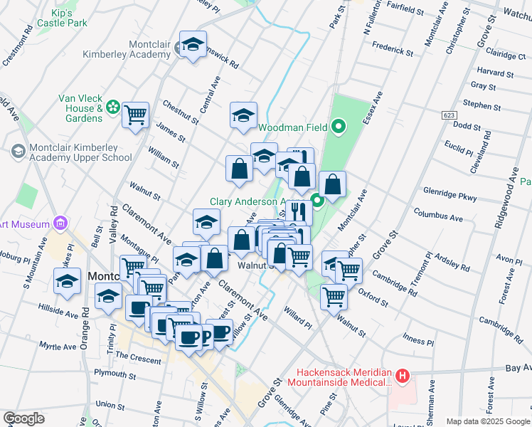 map of restaurants, bars, coffee shops, grocery stores, and more near 127 North Fullerton Avenue in Montclair
