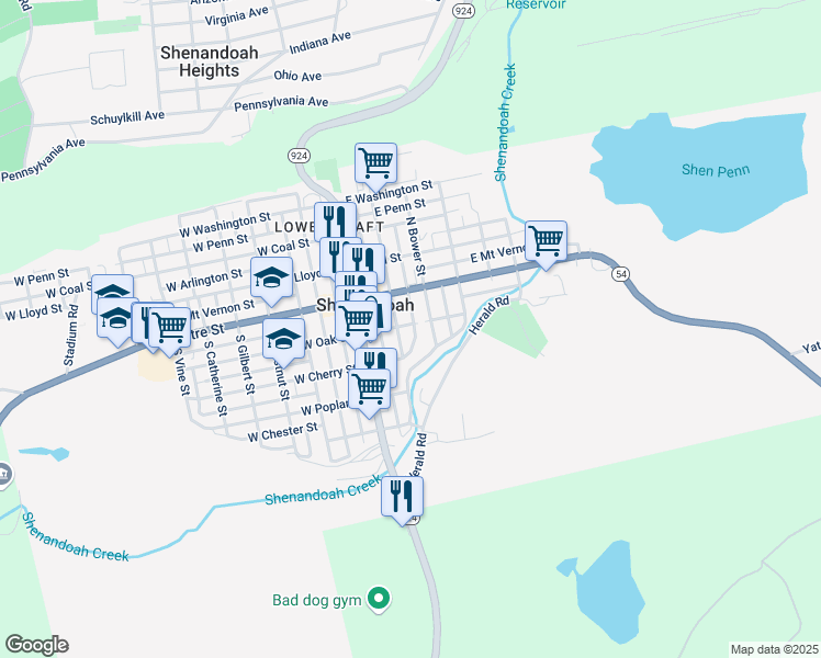 map of restaurants, bars, coffee shops, grocery stores, and more near 114 East Oak Street in Shenandoah