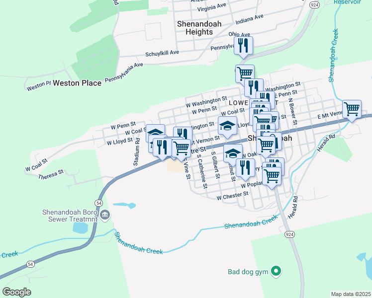 map of restaurants, bars, coffee shops, grocery stores, and more near 533 West Centre Street in Shenandoah