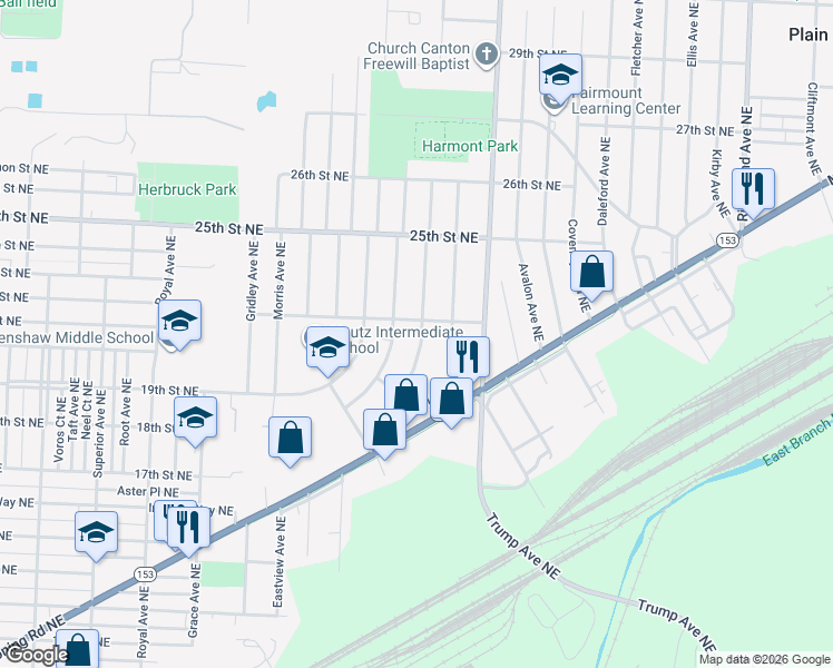 map of restaurants, bars, coffee shops, grocery stores, and more near 2012 Endrow Avenue Northeast in Canton