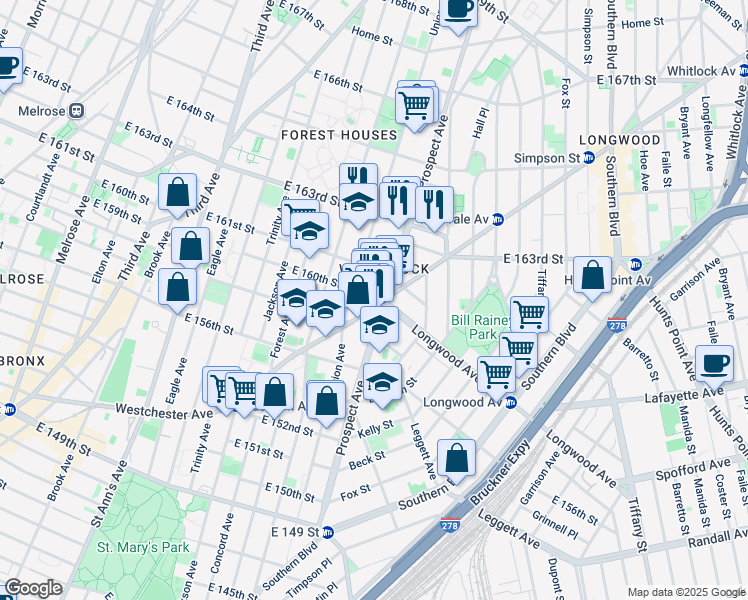 map of restaurants, bars, coffee shops, grocery stores, and more near 821 Prospect Avenue in The Bronx