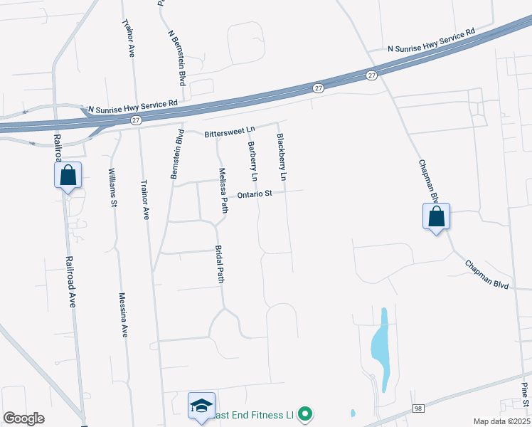 map of restaurants, bars, coffee shops, grocery stores, and more near 19 Barberry Lane in Center Moriches