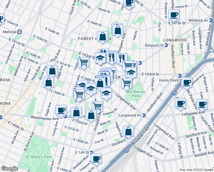map of restaurants, bars, coffee shops, grocery stores, and more near 821 Prospect Avenue in The Bronx